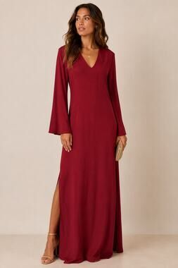 TYSA Burgundy Rayon Maxi Dress Bell Sleeve Side Slit USA NWT Size 1 Small